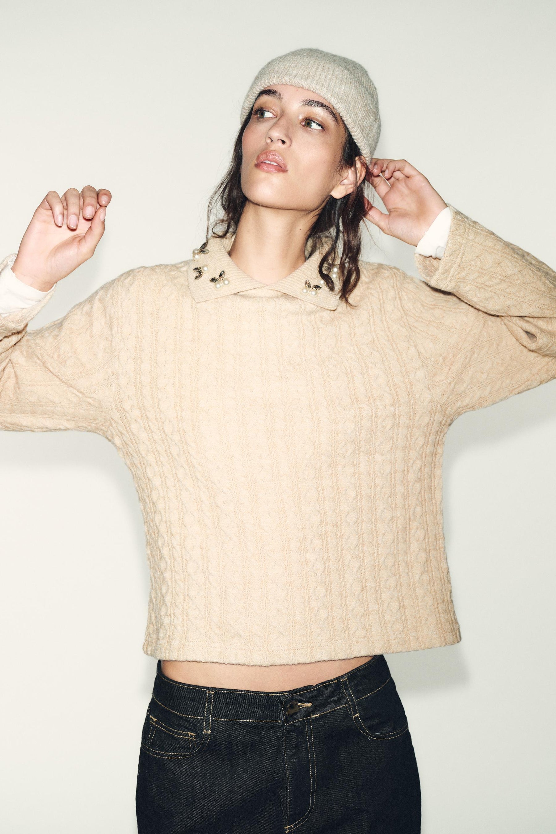 CABLE-KNIT JUMPER WITH JEWEL NECKLINE - Image 3