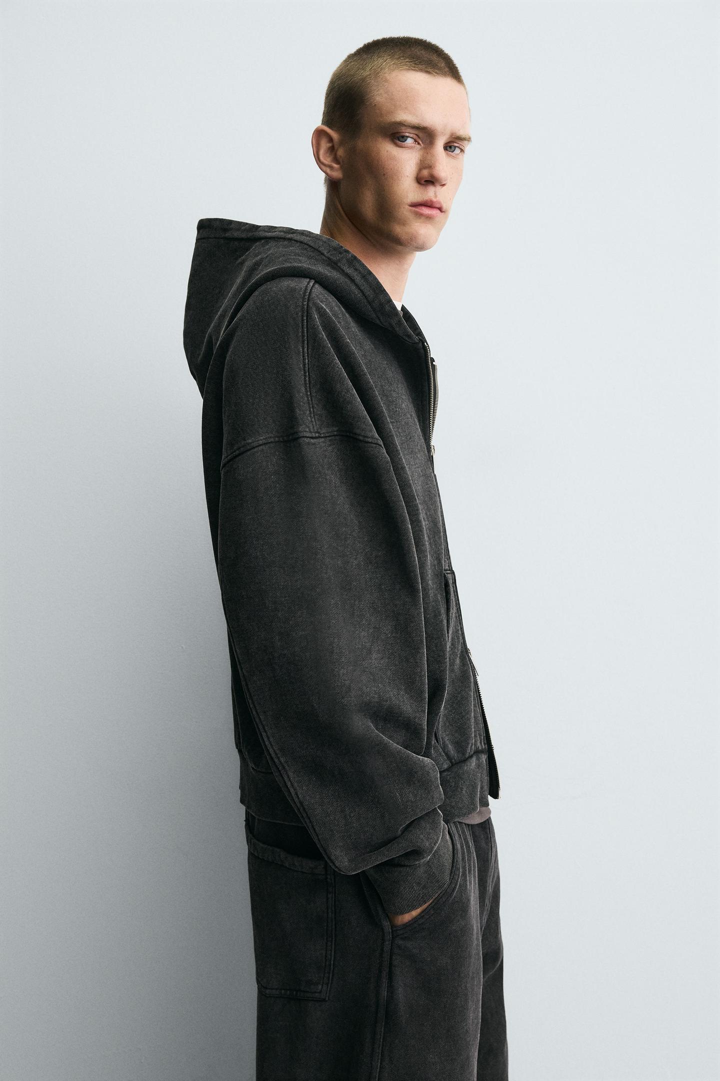 Gewaschener Kapuzenpullover mit Reißverschluss 