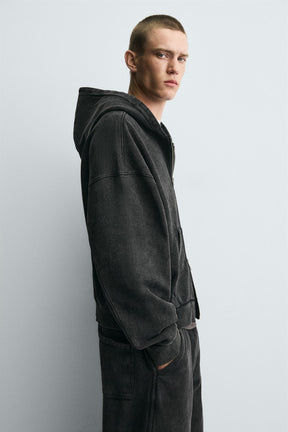 Gewaschener Kapuzenpullover mit Reißverschluss 