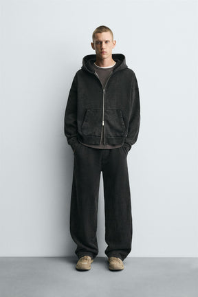 Gewaschener Kapuzenpullover mit Reißverschluss 