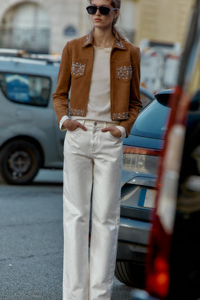 Nietenbesetzte Wildlederimitat-Jacke