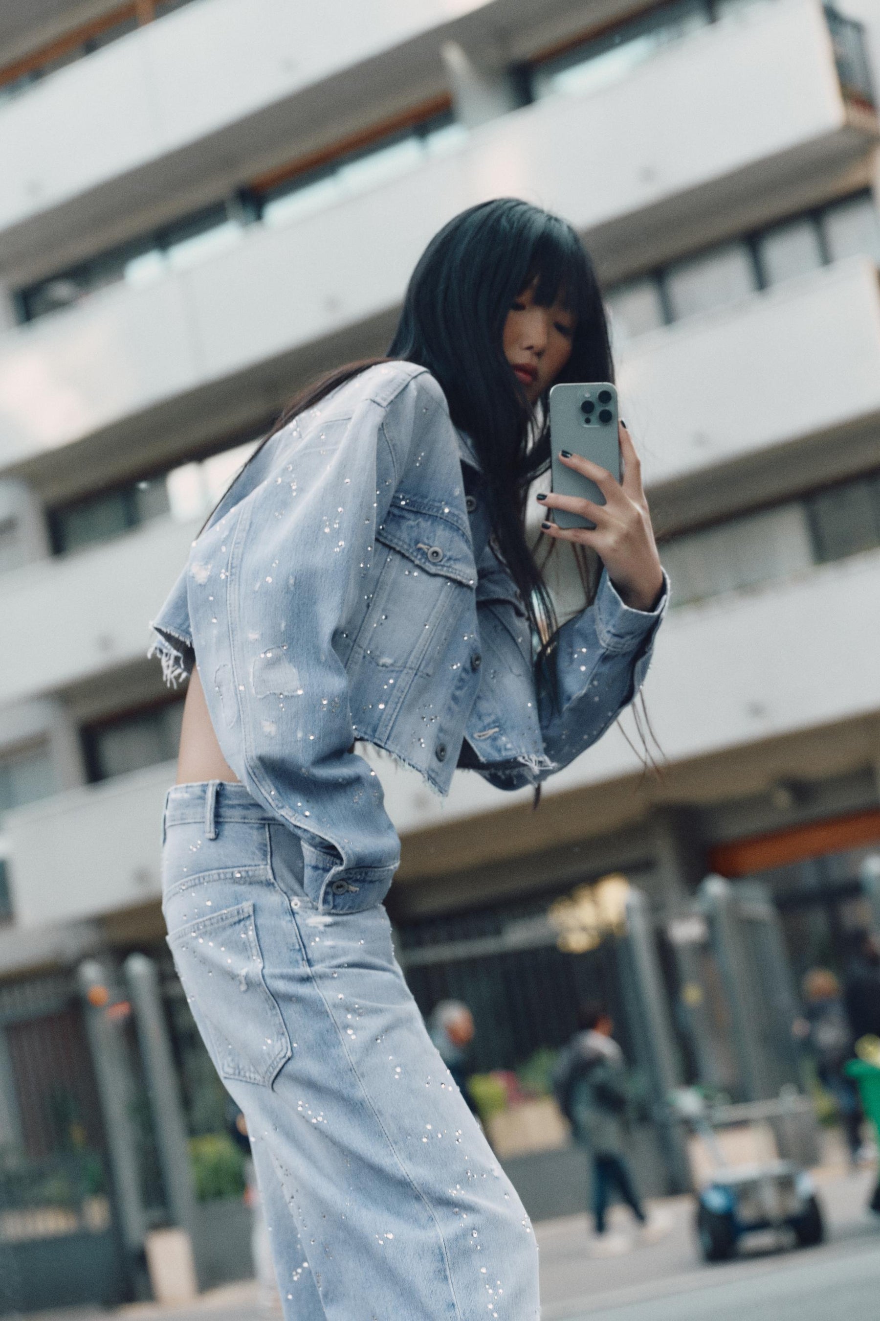Strass Cropped Denim Jacket