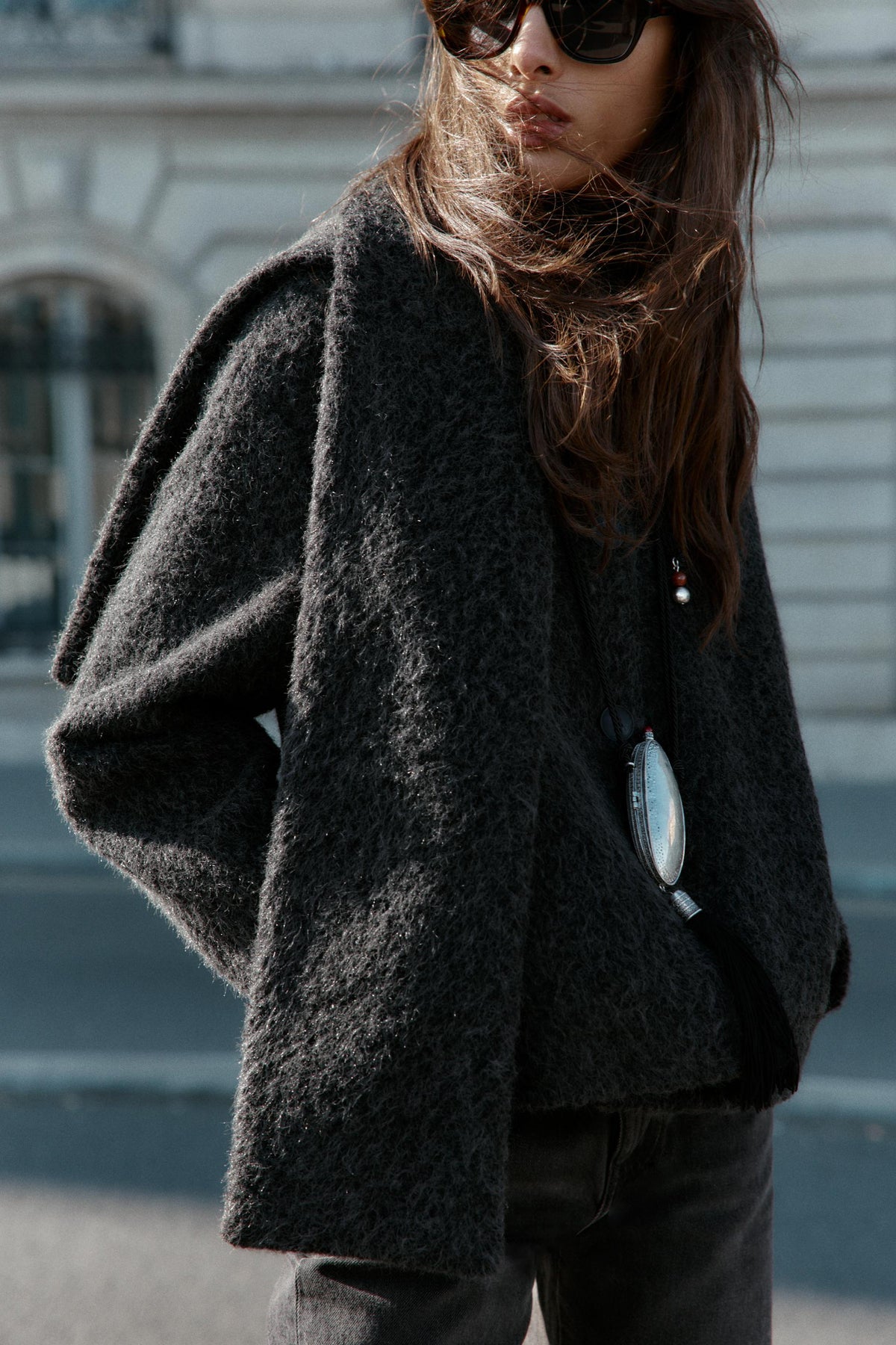 SHORT BOUCLÉ COAT WITH SCARF - Image 2