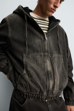 DENIM JACKET WITH FAUX SHEARLING HOODIE - Image 6