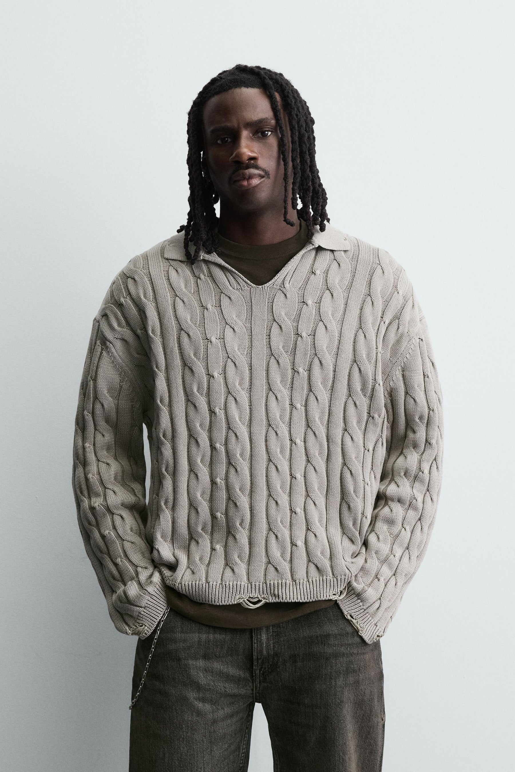 CABLE KNIT POLO SHIRT WITH DISTRESSED EFFECT - Image 2
