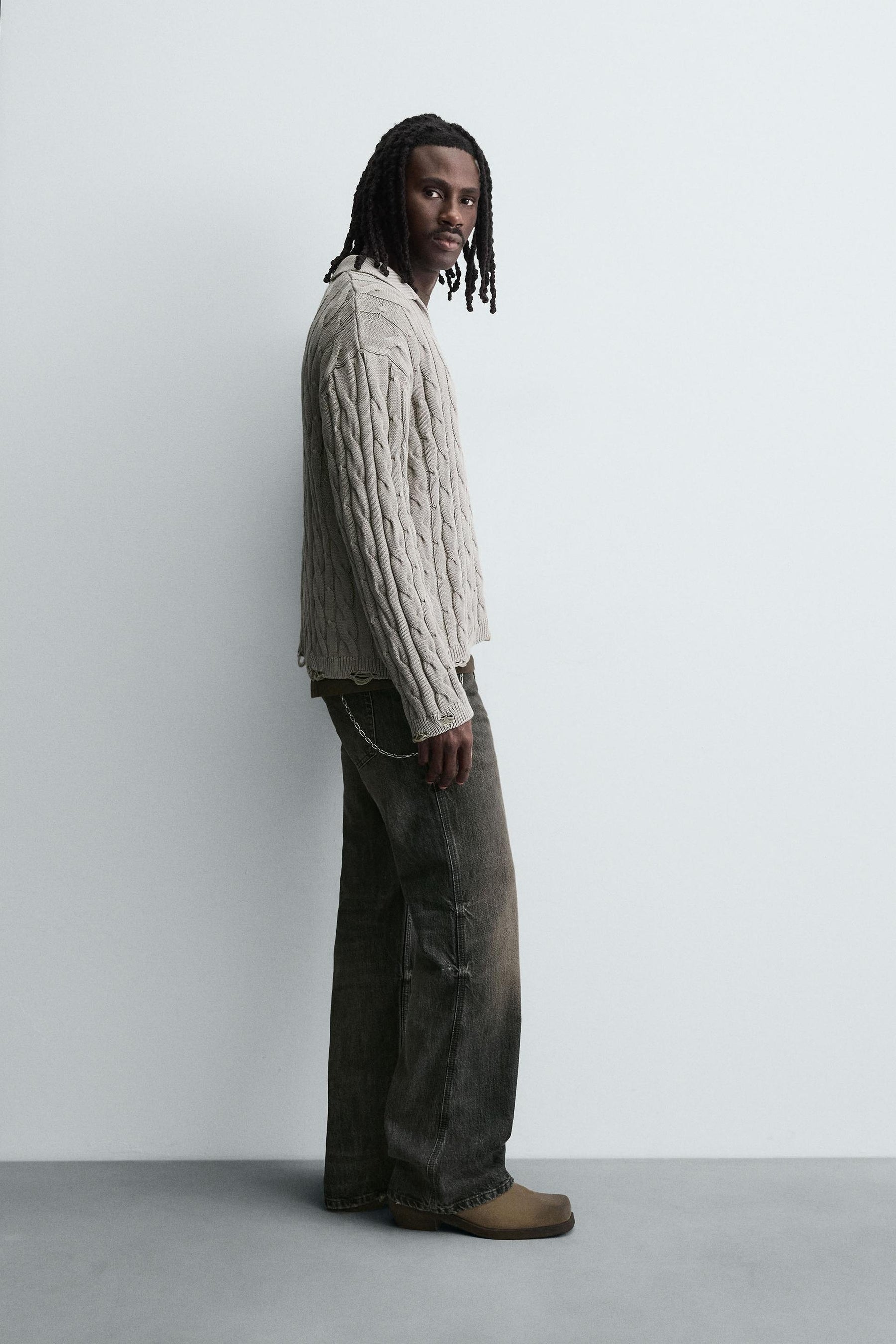 CABLE KNIT POLO SHIRT WITH DISTRESSED EFFECT - Image 4