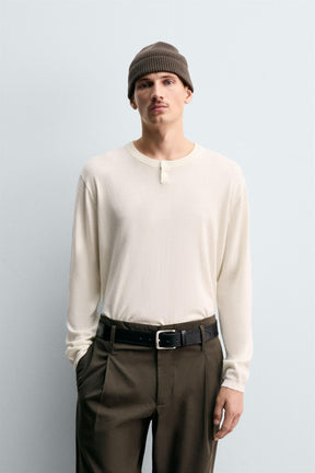 COTTON - CASHMERE BUTTONED NECK JUMPER - Image 2
